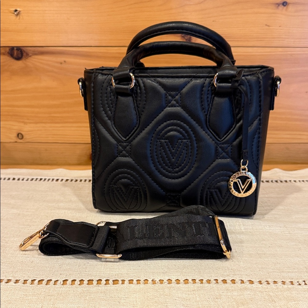 Valentino Orlandi Black Quilted Satchel with Gold Accents